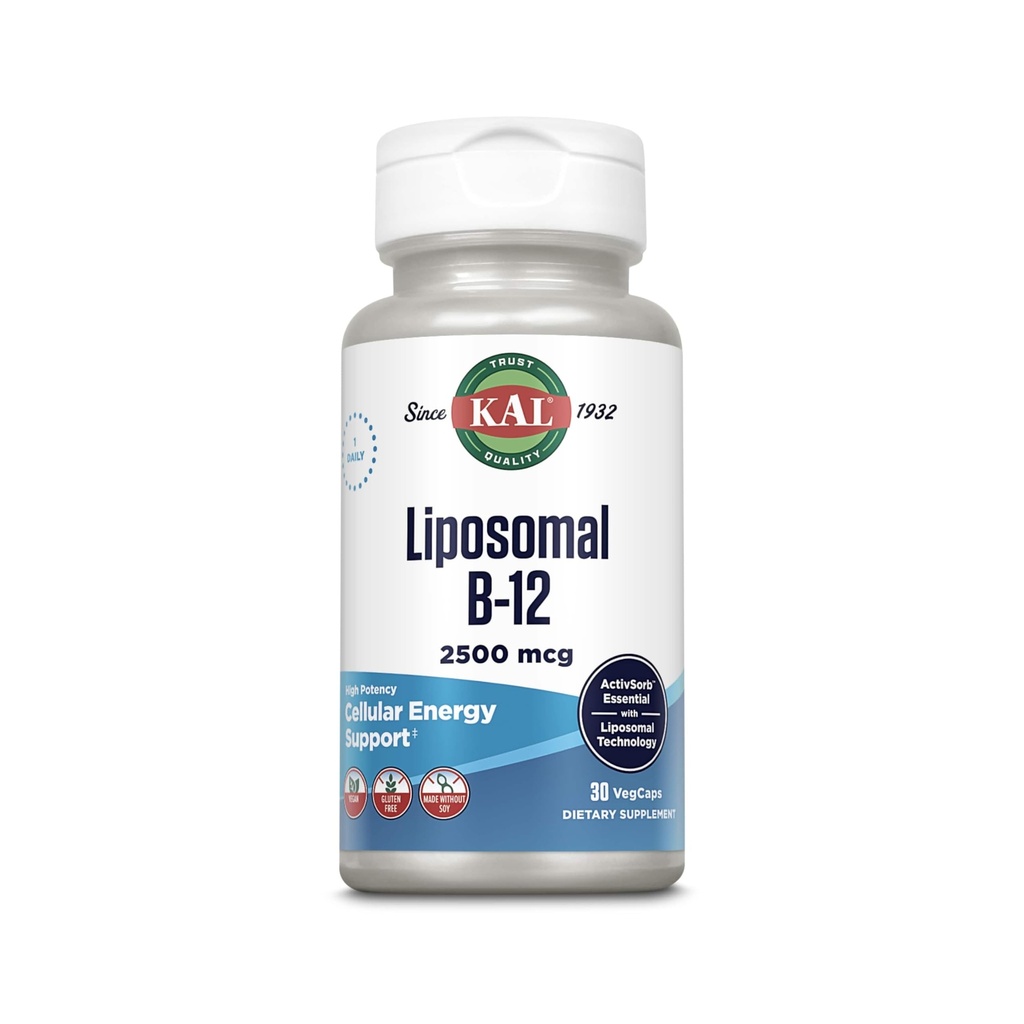 KAL Liposomal Vitamin B12 2500 mcg, High Absorption, Liposomal Technology, Cellular Energy Support, Vegan Capsules, Gluten Free, Made Without Soy, 30 Servings