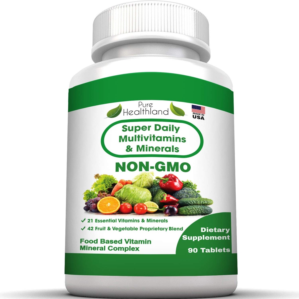 Multivitamine quotidienne sans OGM pur pour adultes – 42 Fruits et légumes naturels Mélanger avec 21 vitamines et minéraux essentiels – Comprimés de revêtement végétalien, 90 Compte, fabriqués aux États-Unis