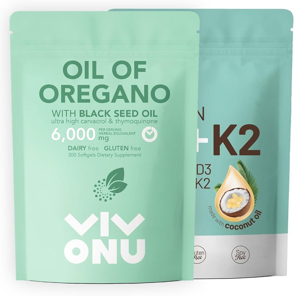 Olie van Oregano Capsules & Vitamine D3 10000 iu Plus K2 (MK-7) 200 mcg, 300 kokosolie Softgels