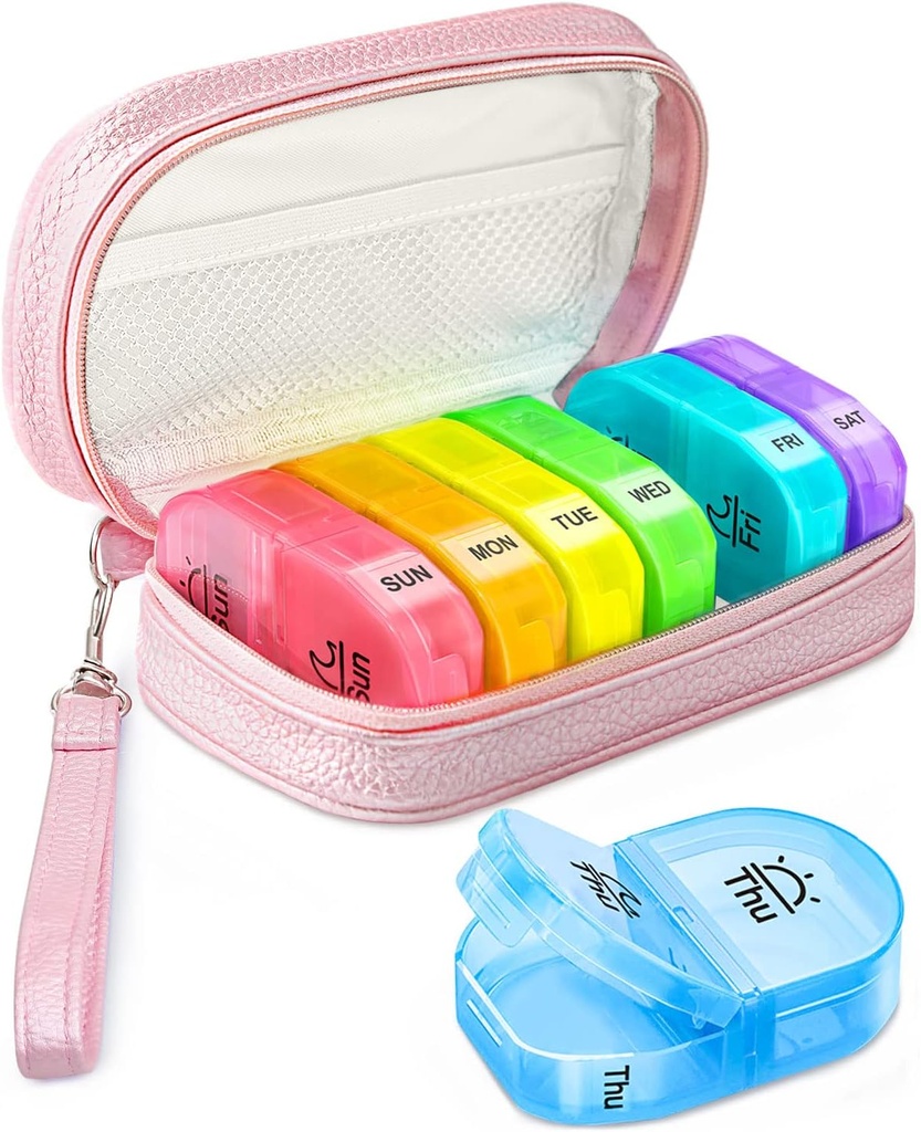 Leuke pil Organizer 2 keer per dag, PU lederen pil geval voor vrouwen, draagbare wekelijkse pil Box voor tas met opslagzak om vitamines, medicijnen, visolie, supplementen (Roze)