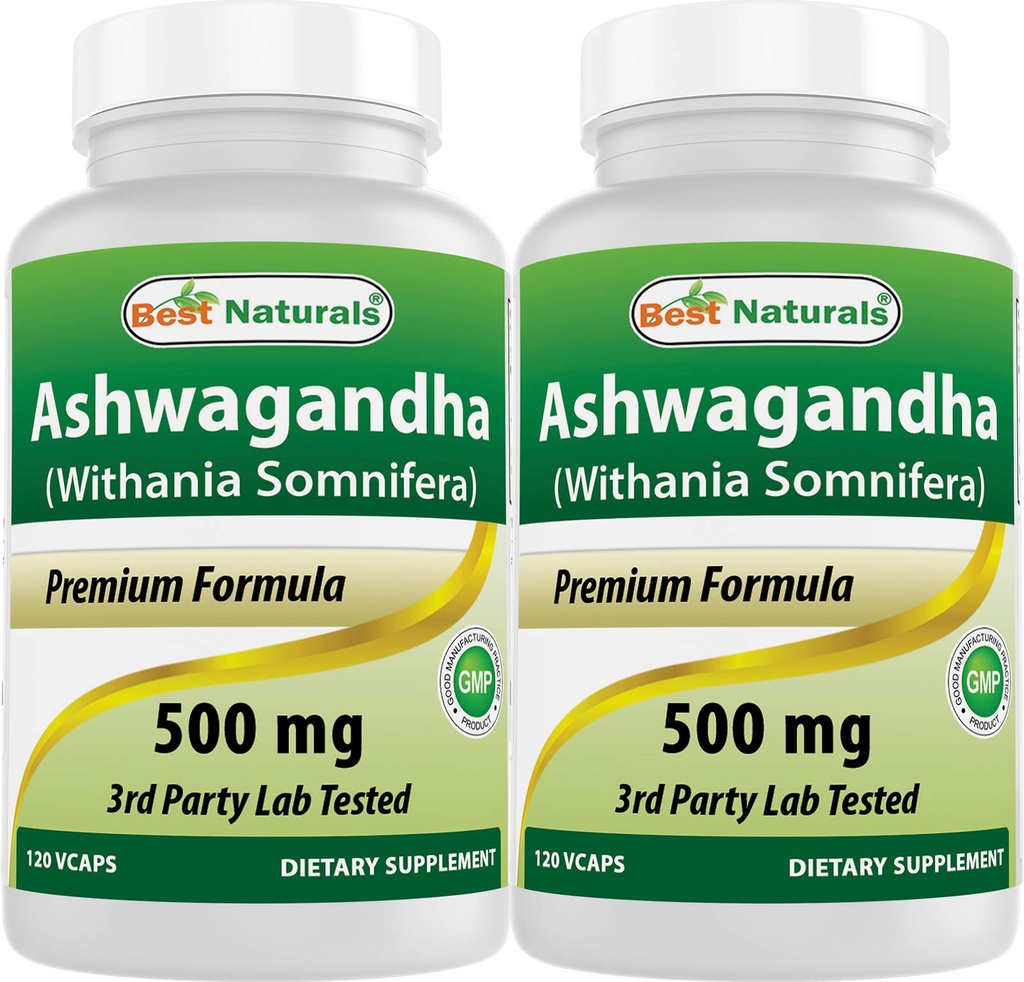 Best Naturals 2 Pack Ashwagandha Capsules voor ontspannende stress en stemming, 500 mg, 120 Telling (Total 240 Capsules)