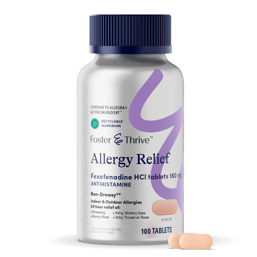 Foster & Thrive Fexofenadine HCl Non Drowsy Allergie Relief for Hay Fever, Pollen, Itchy Eyes, and Seasonal Allergies, Effectieve Ondersteuning voor kinderen en volwassenen, 180 mg, 100 tabletten