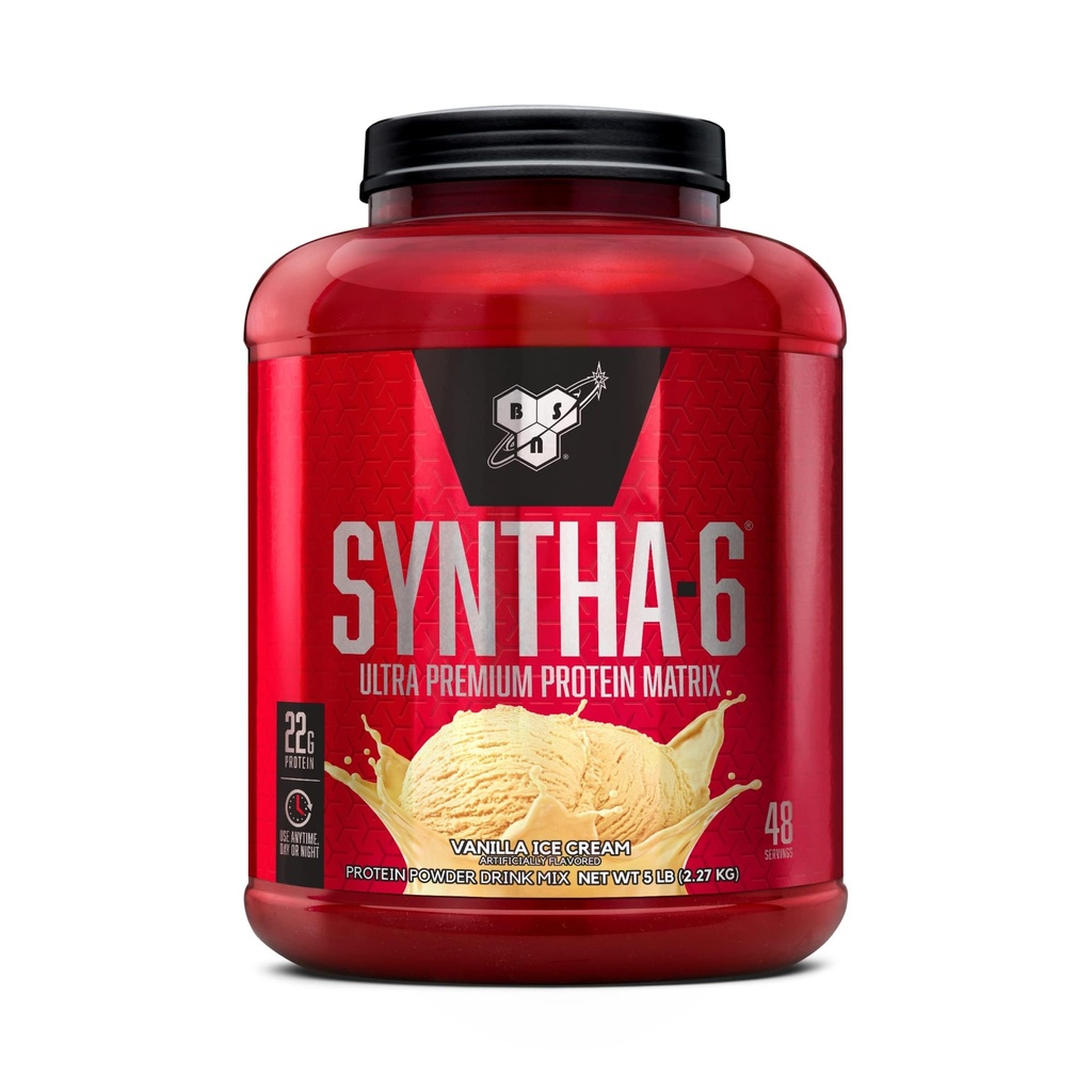 BSN SYNTHA-6 Wei Proteïnepoeder, Micellar Caseïne, Melkeiwit Isolaatpoeder, Vanille Ice Cream, 5 pond, 48 porties (verpakking van 1) - Pakket mei Vary