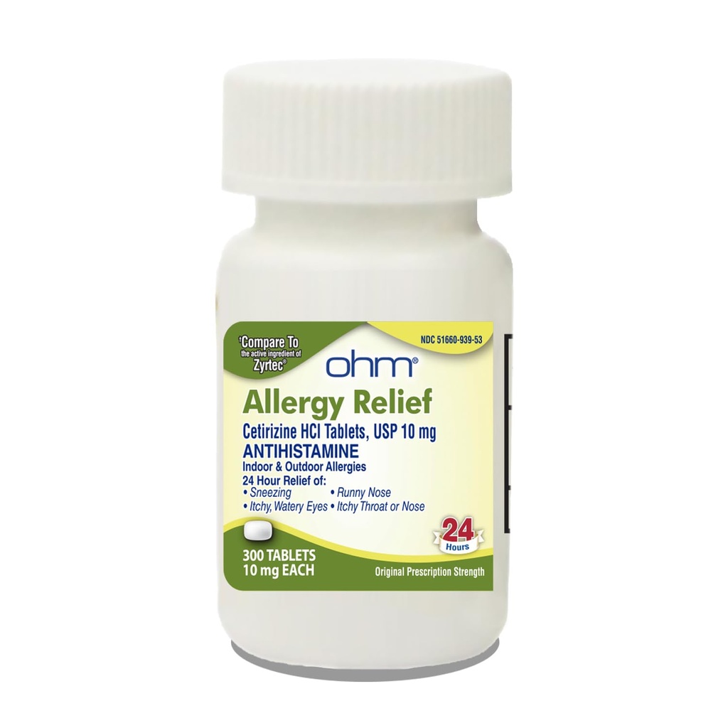Ohm antihistaminique 24 heures Cétirizine HCl 10 mg Comprimés, 300 Compte – soulagement d'allergie toute la journée pour les yeux démangeaisons, le nez de runny, la fièvre de Hay, le pollen et les allergies intérieures et extérieures