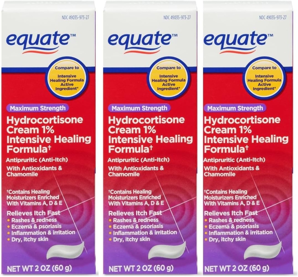 Equate Hydrocortison Intense Healing Cream, 2 oz, 1 Procent Intensive Healing Formula, Itch Relief for Bug Bites, Eczema, Psoriasis, Poison Ivy, Oak and Sumac, 2 Ounce (Pack of 3)