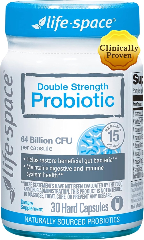 Life-Space Double Strength Broad Spectrum Probiotica, 64 miljard CFU & 15 Diverse Strains, Redouble Formated for Digestive Health & Immune Health, Probiotica for Women & Men - 30 Veg Capsules