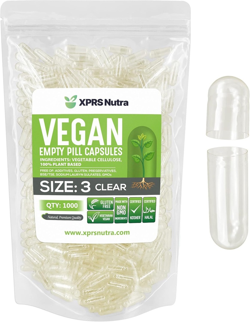 XPRS Nutra Maat 3 Lege Capsules - 1000 Tel helder Lege Vegan Capsules - Vegetarische pillen - DIY plantaardige Capsules vullen - Veggie pilscaps