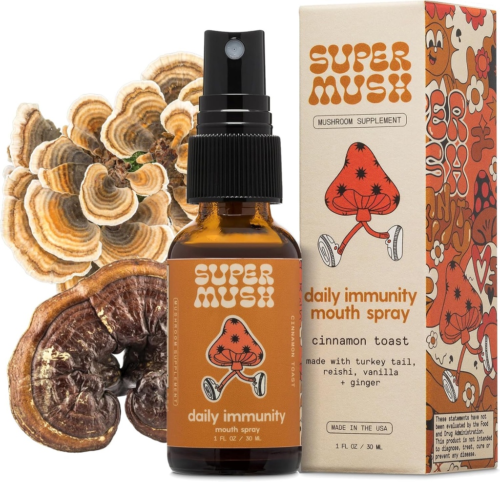 SuperMush Daily Immunity Mond Spray Biologische - Paddestoel Immuniteit Spray Supplementen - Turkije Tail & Reishi Gemengde Paddenstoelen Extract - Immune & Digestieve Gezondheid Ondersteuning - 30ml Pure & Organic Turkey Tail