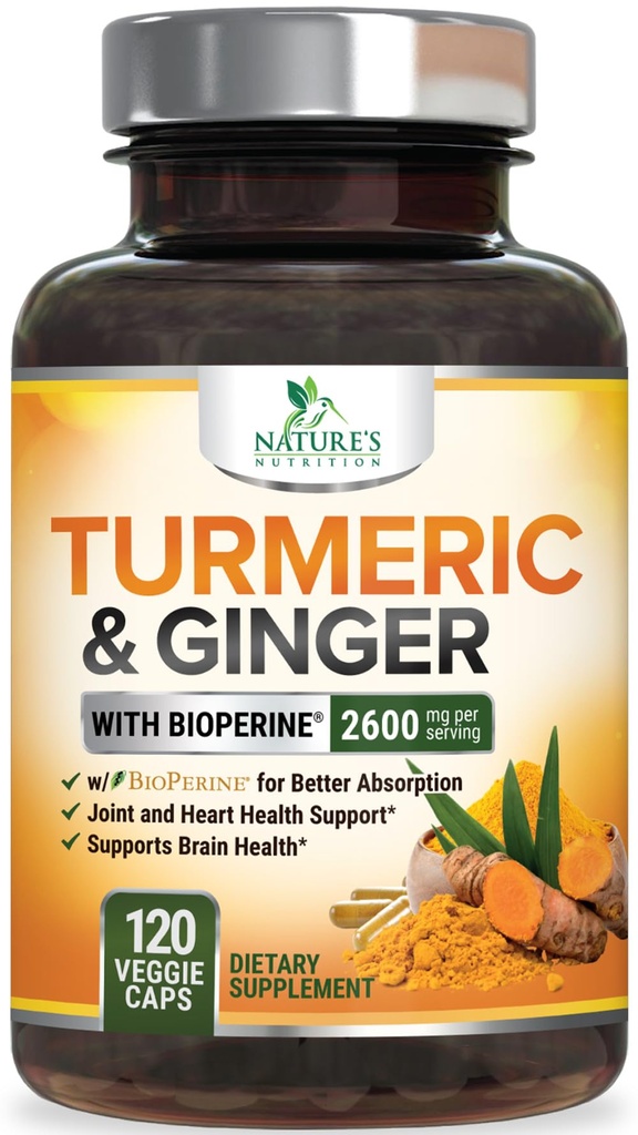 Kurkuma Curcumine Supplement 2600mg - met biologische gember & kurkuma, BioPerine Black Pepper Extract 95% Curcuminoïden - Geavanceerde Absorptie Gezamenlijke & Antioxidant Extra Sterkte Ondersteuning - 120 Capsules