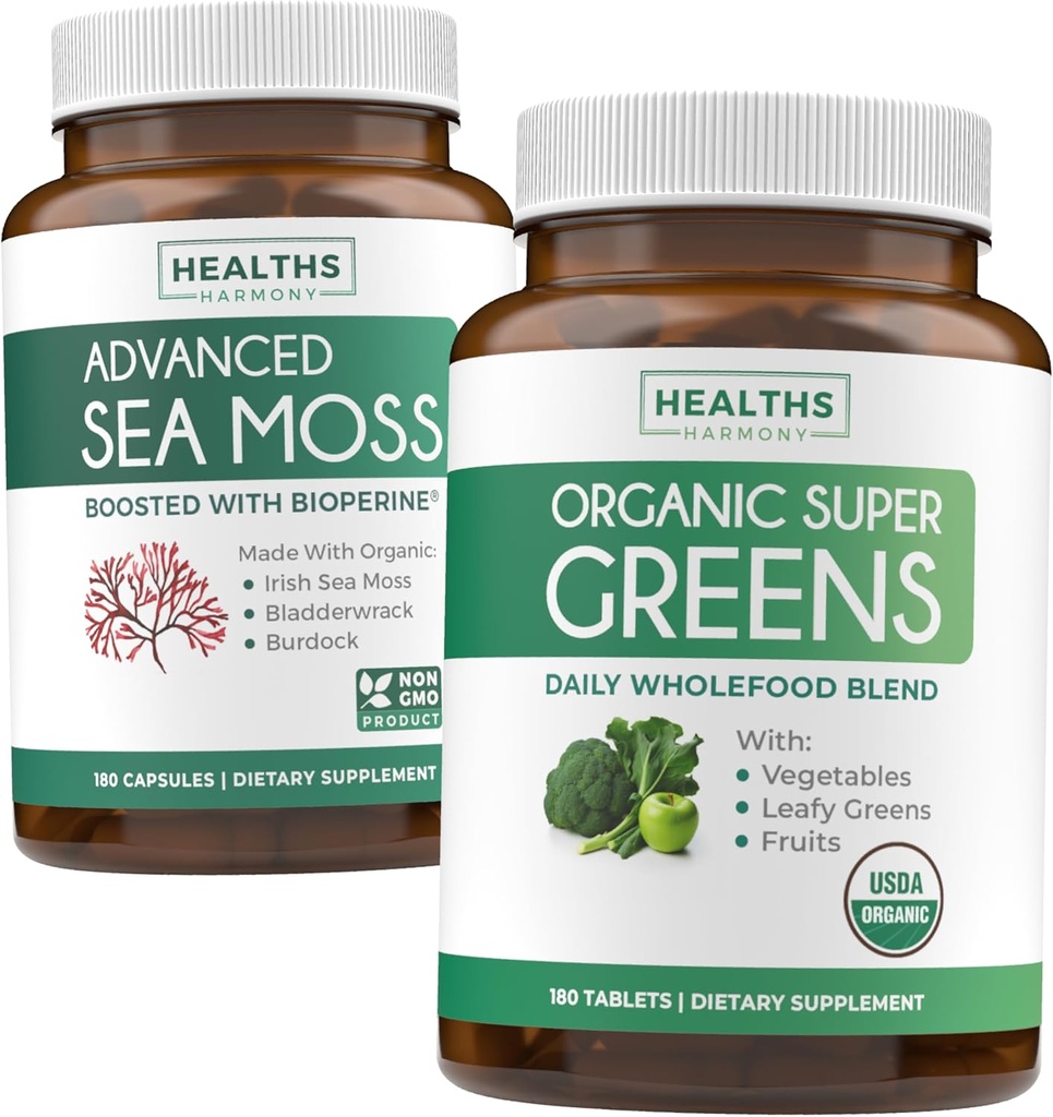 Irish Sea Moss & Organic Super Greens (3-Month Supply) Green Sea Synergy Bundle - Organic Irish Seamoss - Raw Vegan Superfood (180 Caps) & Organic Greens Powder with 28 Fruits & Vegetables (180 Caps)