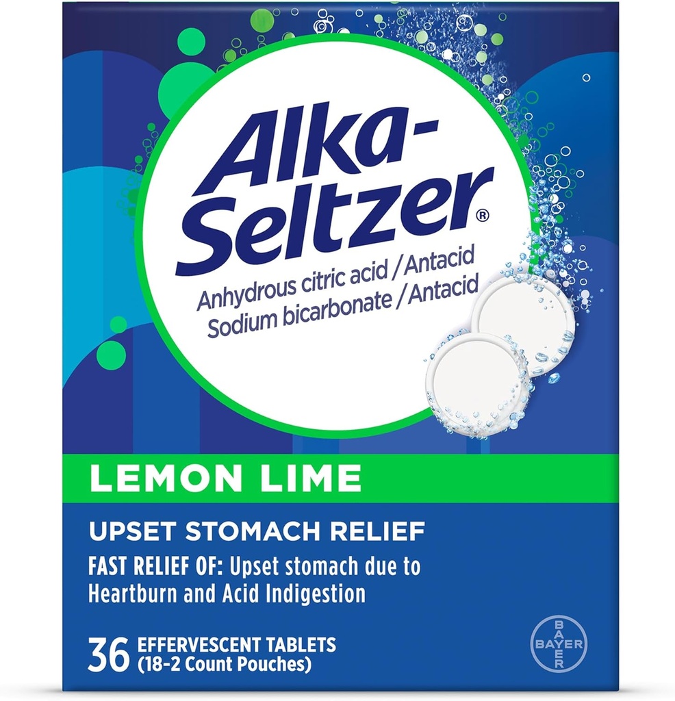 Alka-Seltzer Lemon Lime Heartburn Relief tabletten, Fast acid Indigestie Relief, Antacida met Lemon Lime Flavor 36 Ct