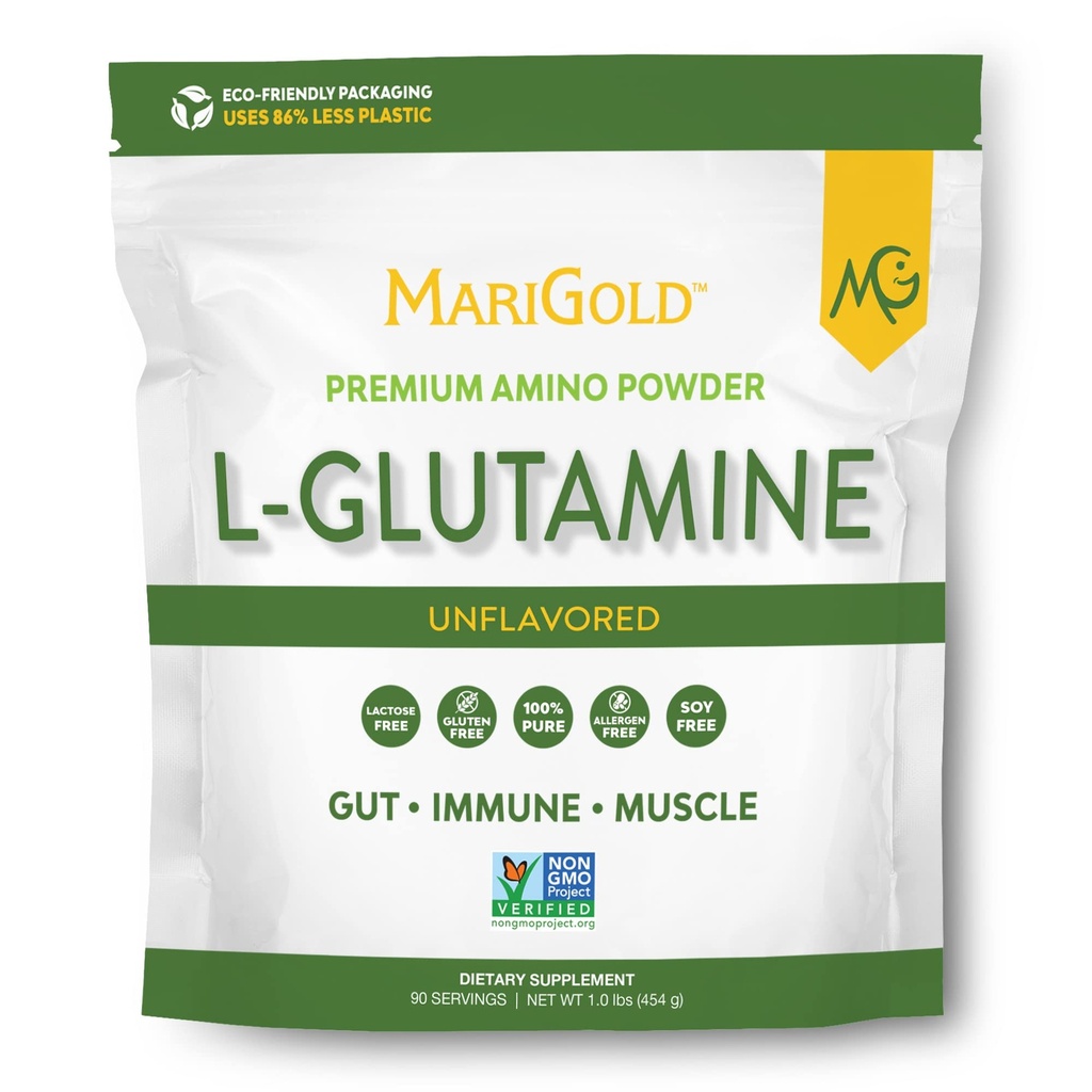 Poudre de L-Glutamine non aromatisée de MariGold - Gut, Immune et soutien musculaire sains, sans OGM, sans gluten, sans soja et sans allergène (5g / 5000mg par portion)