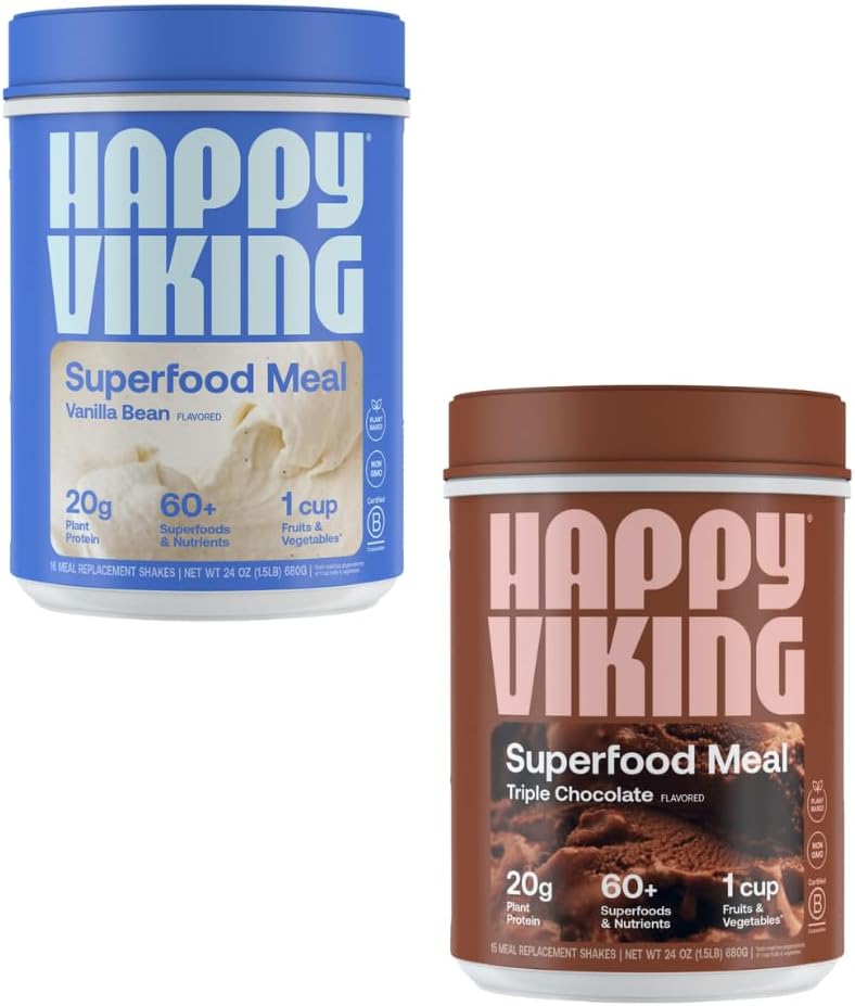 Gelukkige Viking Vanille en Chocolade Proteïne Poeder, door Venus Williams, 20G Proteïne, Low Carb, Keto, Vegan, Gluten-Free, Superfoods, Complete Maaltijd Vervanging, 2 Canisters (24 oz. Elk)