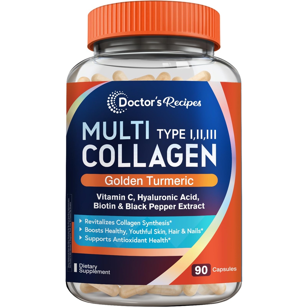 Recettes du médecin Peptides multicollagènes avec curcuma doré, vitamine C, biotine, acide hyaluronique et poivre noir, suppléments de collagène pour la peau, cheveux, ongles, collagène pour les femmes et les hommes, 90 capsules
