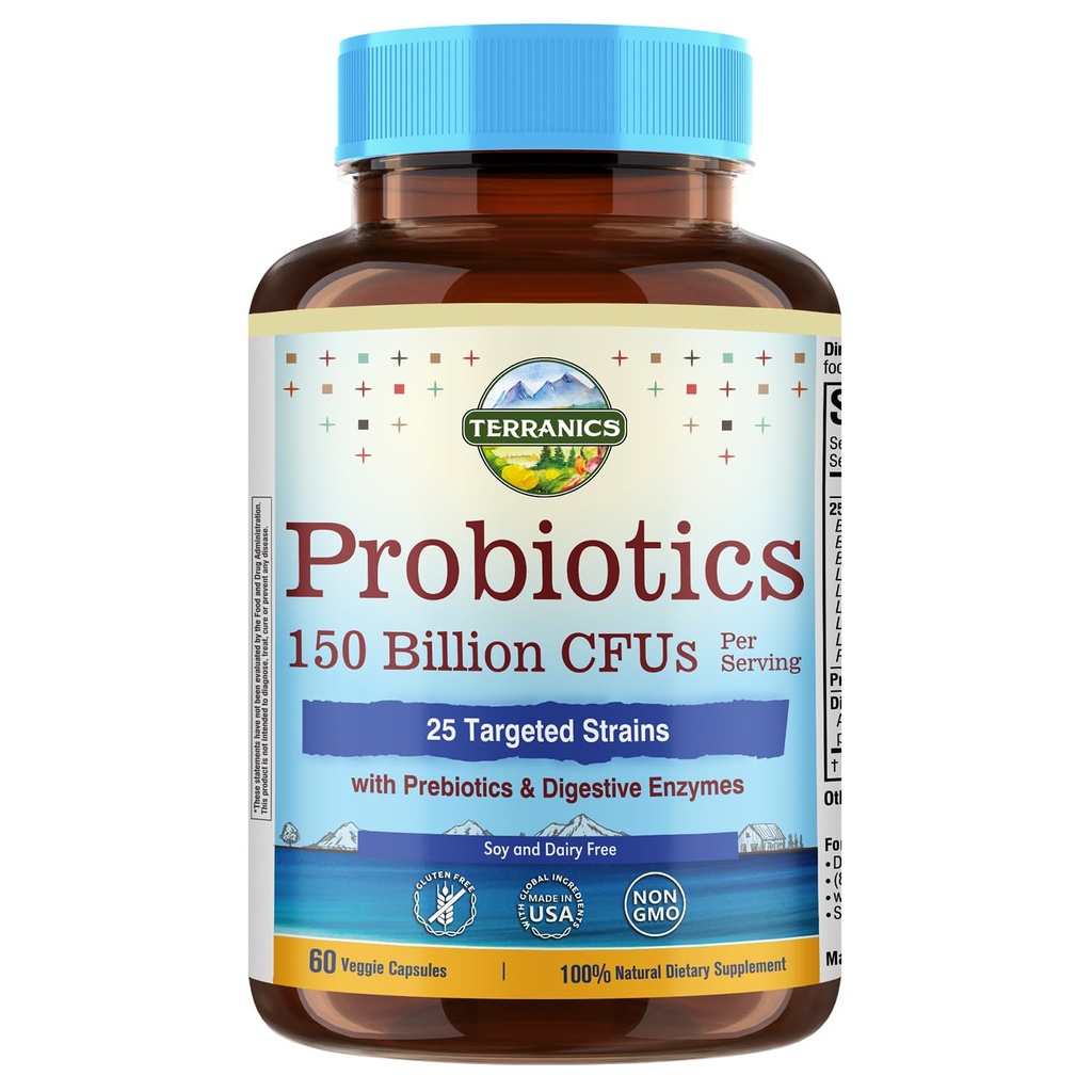 Terranics Daily Probiotics for Men & Women, 150 Miljard 25 Strains Colon Care Probiotica, met Prebiotica & Enzymes, Gezonde Regularity, Vertraagde Release, Shelf Stable, 60 Veggie Caps