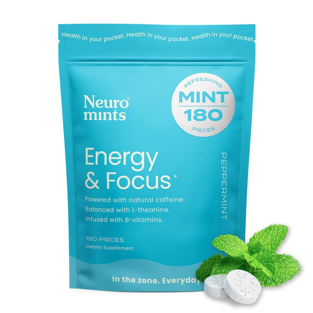 NeuroGum Energie Cafeïnemunten (180 stuks) - Suikervrij met L-theanine + Natuurlijke Cafeïne + Vitamine B12 & B6 - Nootrope Energie & Focus Supplement voor vrouwen & mannen - Keto & Vegan, Pepermunt smaak