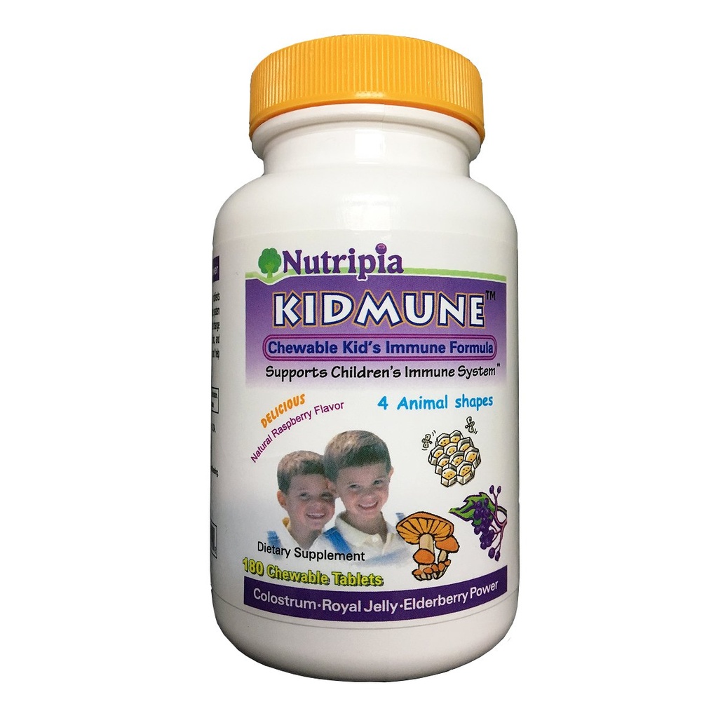 Kidmune Kids Immune Booster - 180 Mini Tables à croquer avec Elderberry, Colostrum, Propolis, Beta Glucan, Astragalus, Vitamine C, D, Zinc - Fun 4 formes animales!