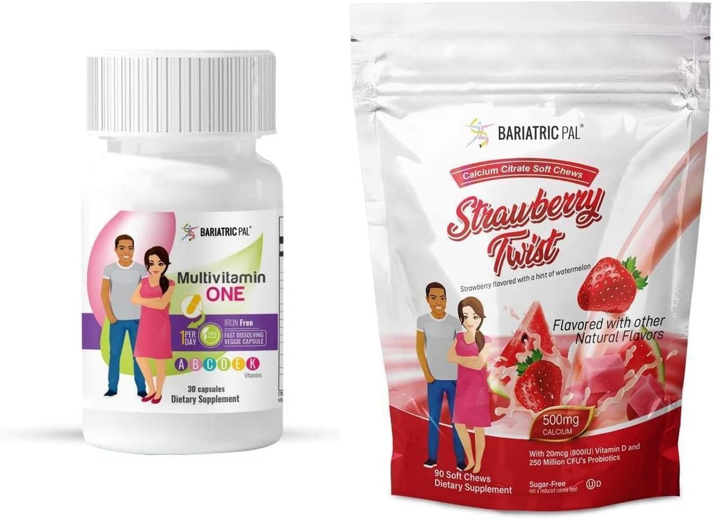 BariatricPal Interrupteur Duodénal Complete 30 jours d'approvisionnement Vitamine Pack (Gélule sans fer Citrate de calcium Mâches molles avec probiotiques - Twist de fraise)