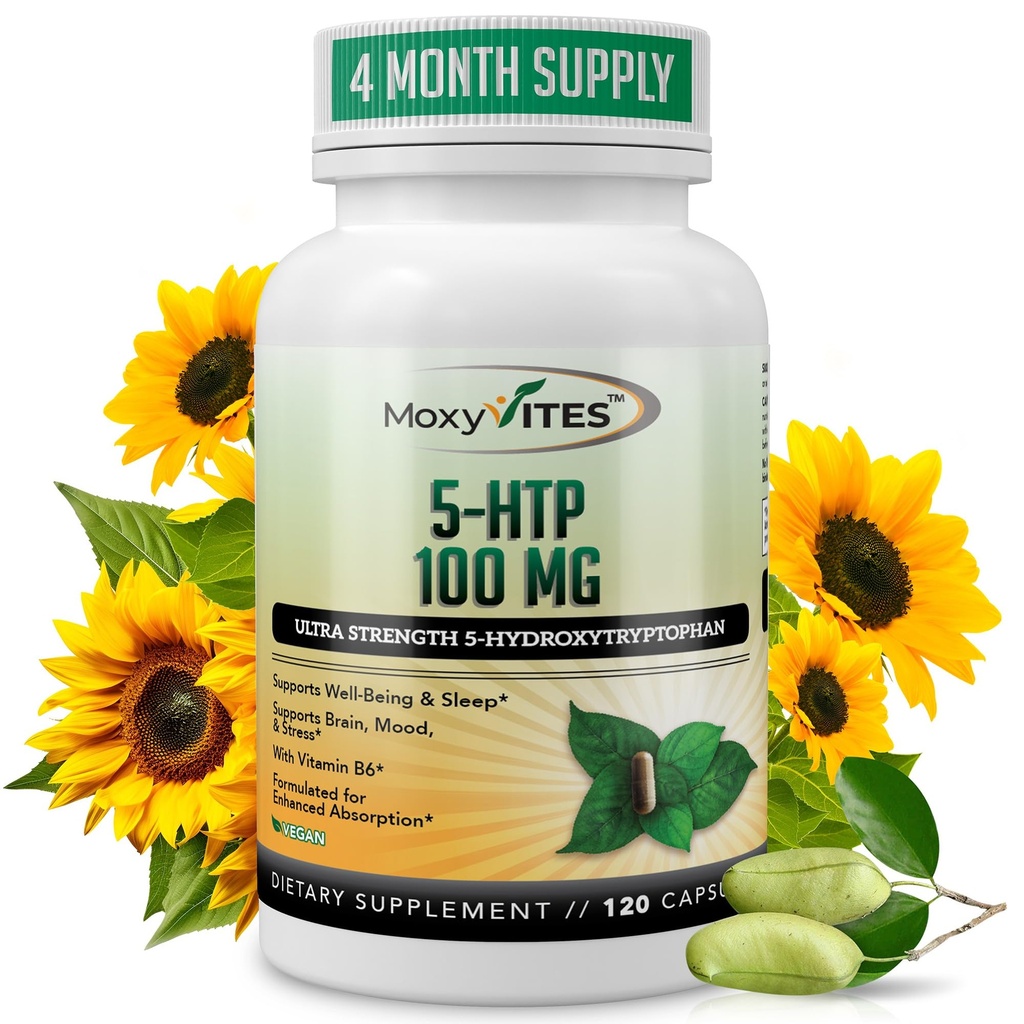 MoxyVites 5HTP 100mg Supplement, Plus B6, 5 HTP Organic Whole Food - Best Serotonine Booster - Non-GMO, 120 Vegan Capsules