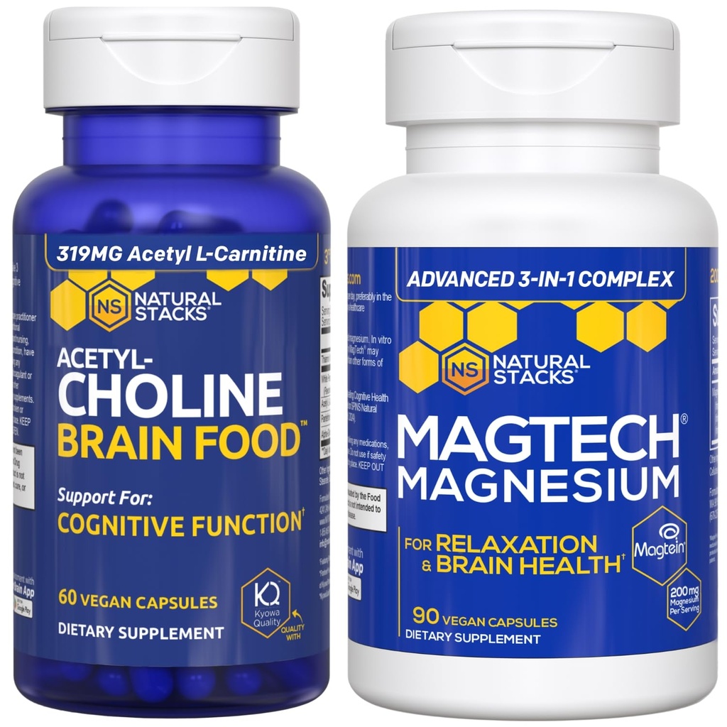 Natuurlijke Stacks Magtech Magnesium + Acetylcholine Brain Food Bundle - Ondersteunt hersenen gezondheid, ontspanning en cognitieve functie* - 150 Totaal Capsules
