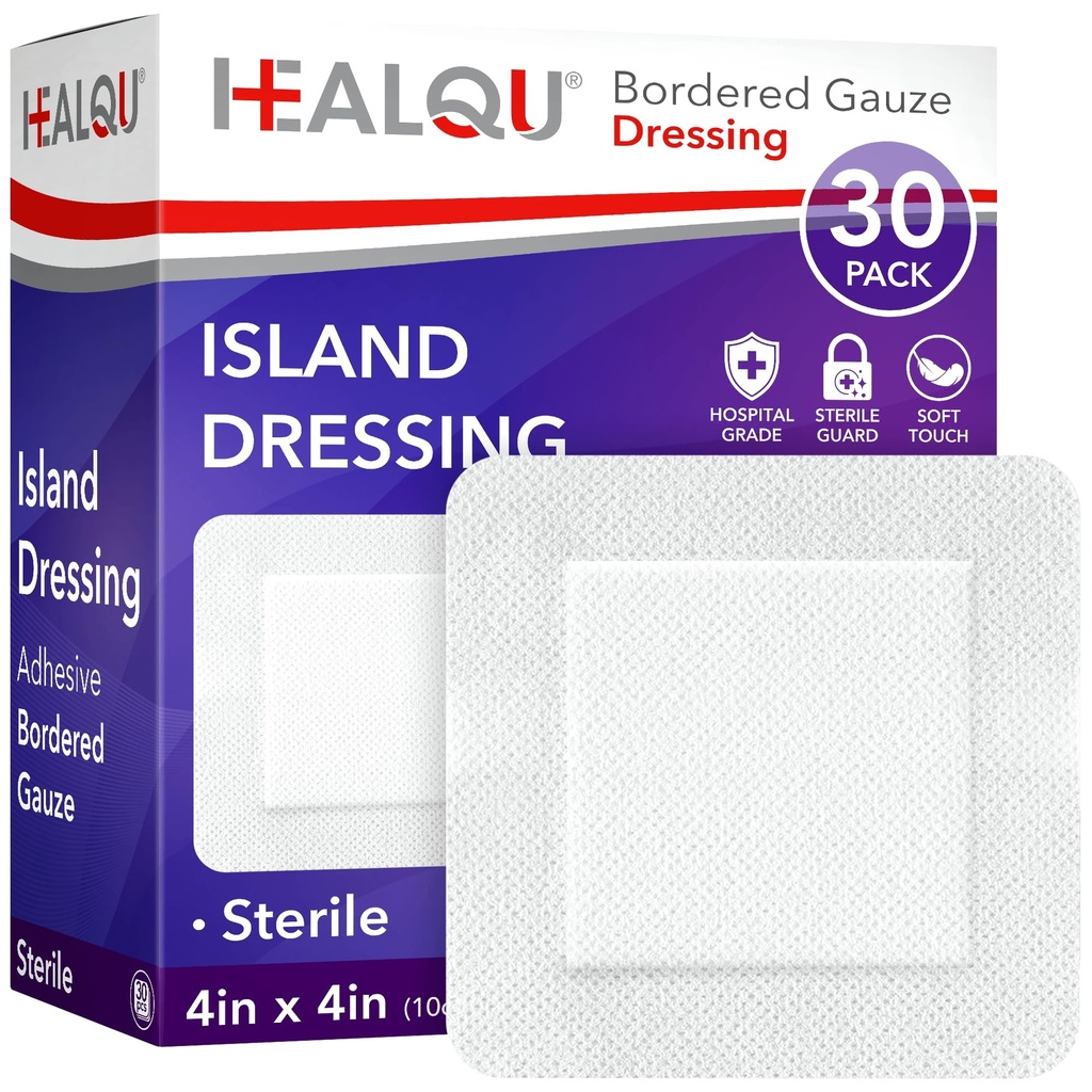 HEALQU Eiland Dressing - 4"x4," 30 Graaf - Gegrensd Gaas Steriel Individueel Gewikkeld Gaas Pads, Water-Resistant, Niet-Woven Backing - Zachte en ademende Wond Dressing voor EHBO en Medisch