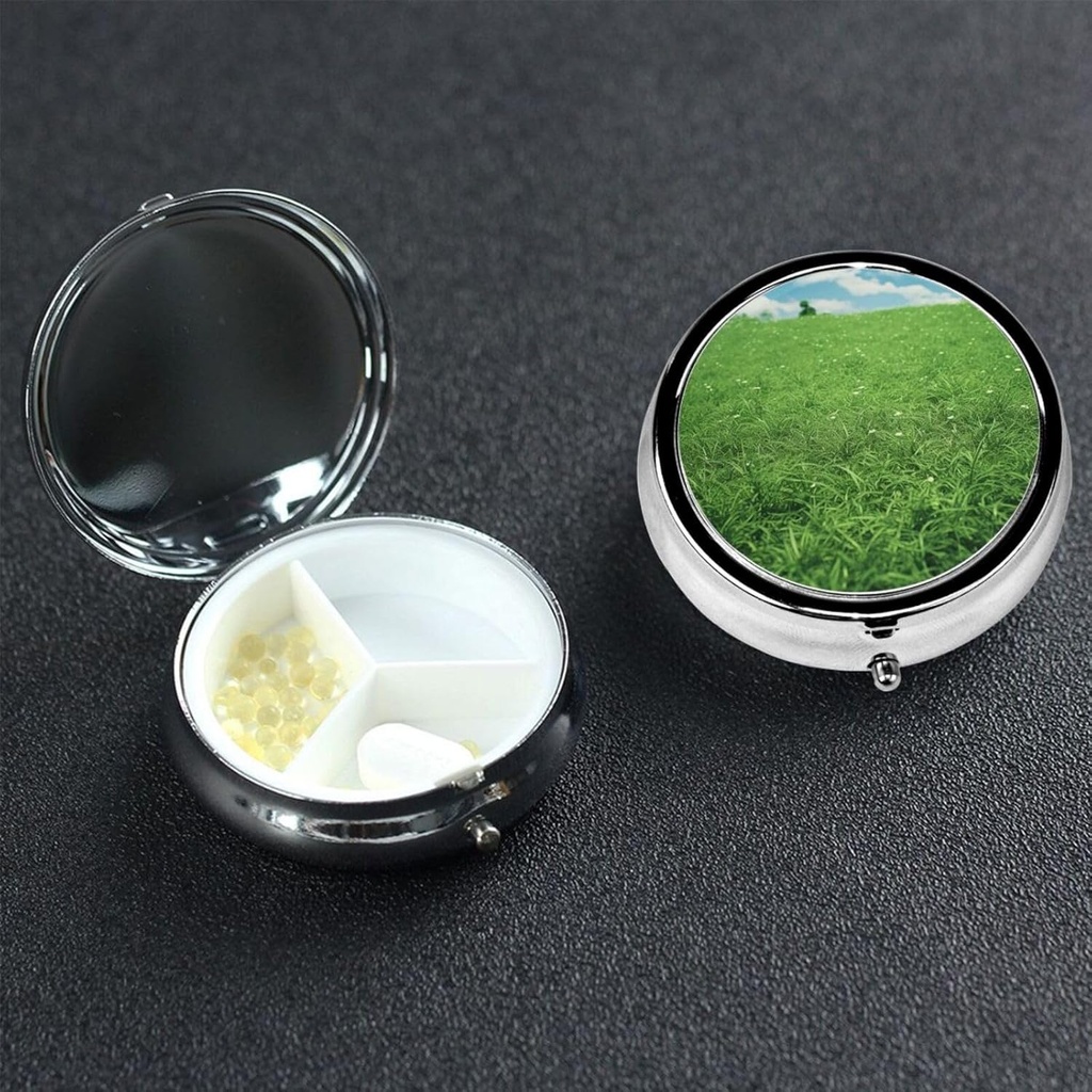 Pill Box 3 Compartiment kleine pil geval voor portemonnee & Pocket, leuke Mini Pill Organizer Groene Lawn Metal Travel Pillbox Portable Pill Container houder om vitamines te houden,Visolie