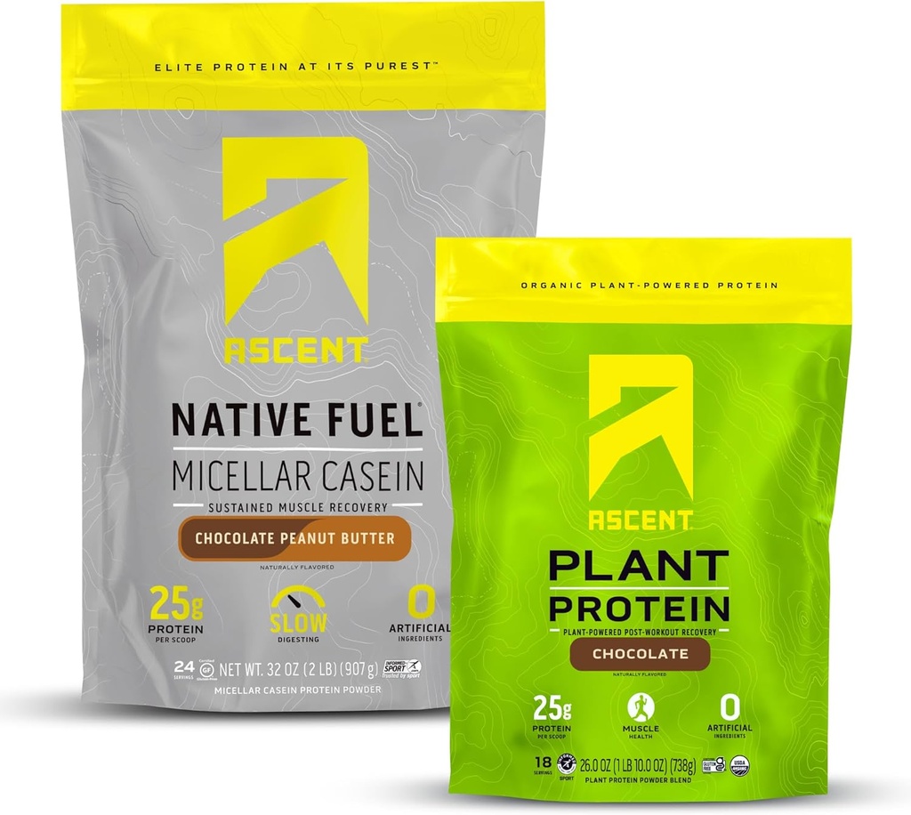 Ascent Caseïne Proteïnepoeder Chocolade Pindakaas Butter 2 lb & Plant Proteïne Poeder Chocolade 18 Servers