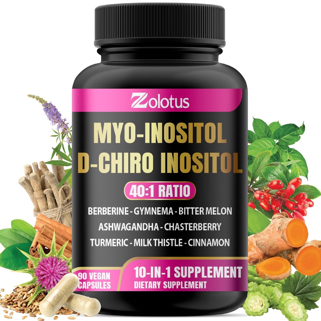 Zolotus Myo-Inositol & D-Chiro Inositol Ideale verhouding Inositol Supplement met Bittermeloen, Melkdistel, Kurkuma, Gymnema, Chasteberry, Ceylon Cinnamon, Ashwagandha, Berberine - 90 Capsules