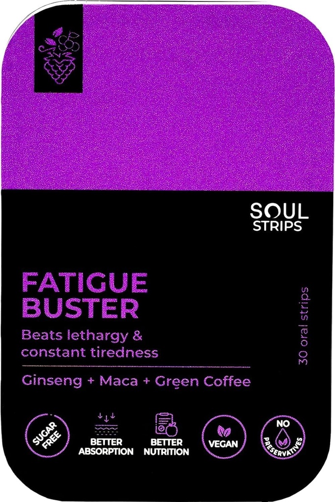Soul Strips Moeheid Buster Ginseng, Maca, Green Coffee, vermindert geestelijke en fysieke vermoeidheid, gemengde Bessen smaak, Quick Absorb, Dagelijks gebruik, Zero Sugar, Vegan, 30 Strips Pack