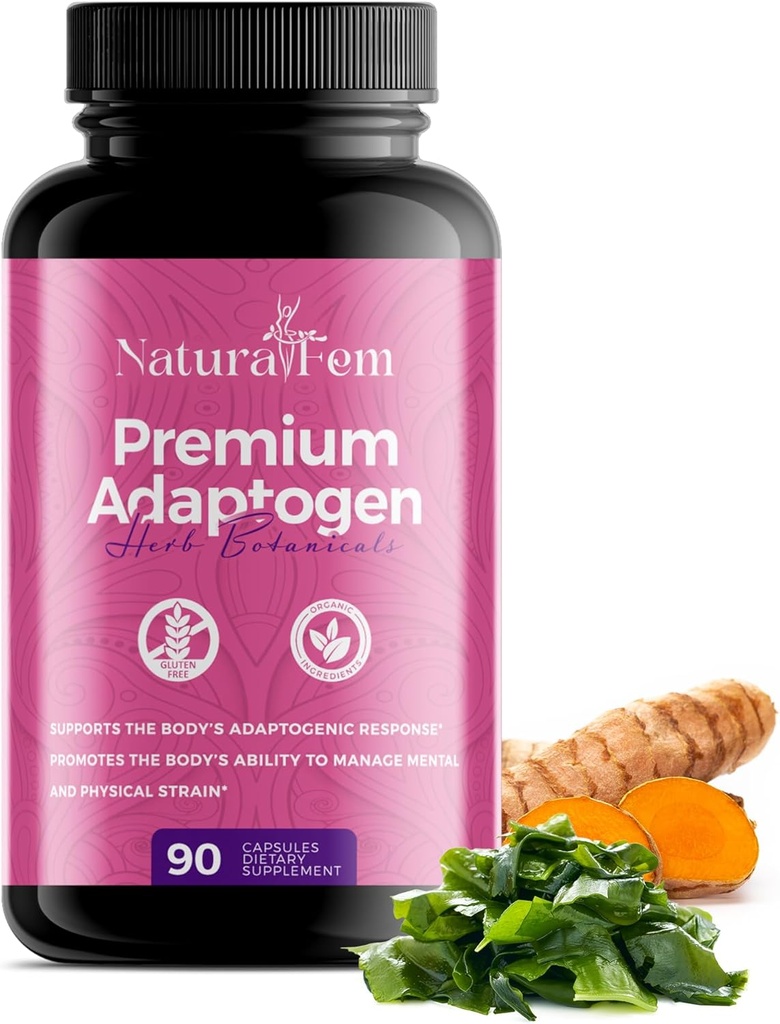 NaturalFem Premium Adaptogens Suppléments pour les femmes avec des plantes botaniques comme Rhodiola Rosea Extract, Turmeric, Maca Root pour une meilleure réponse Adaptogène, Focus & Mood Support Supplément - 90 Capsules