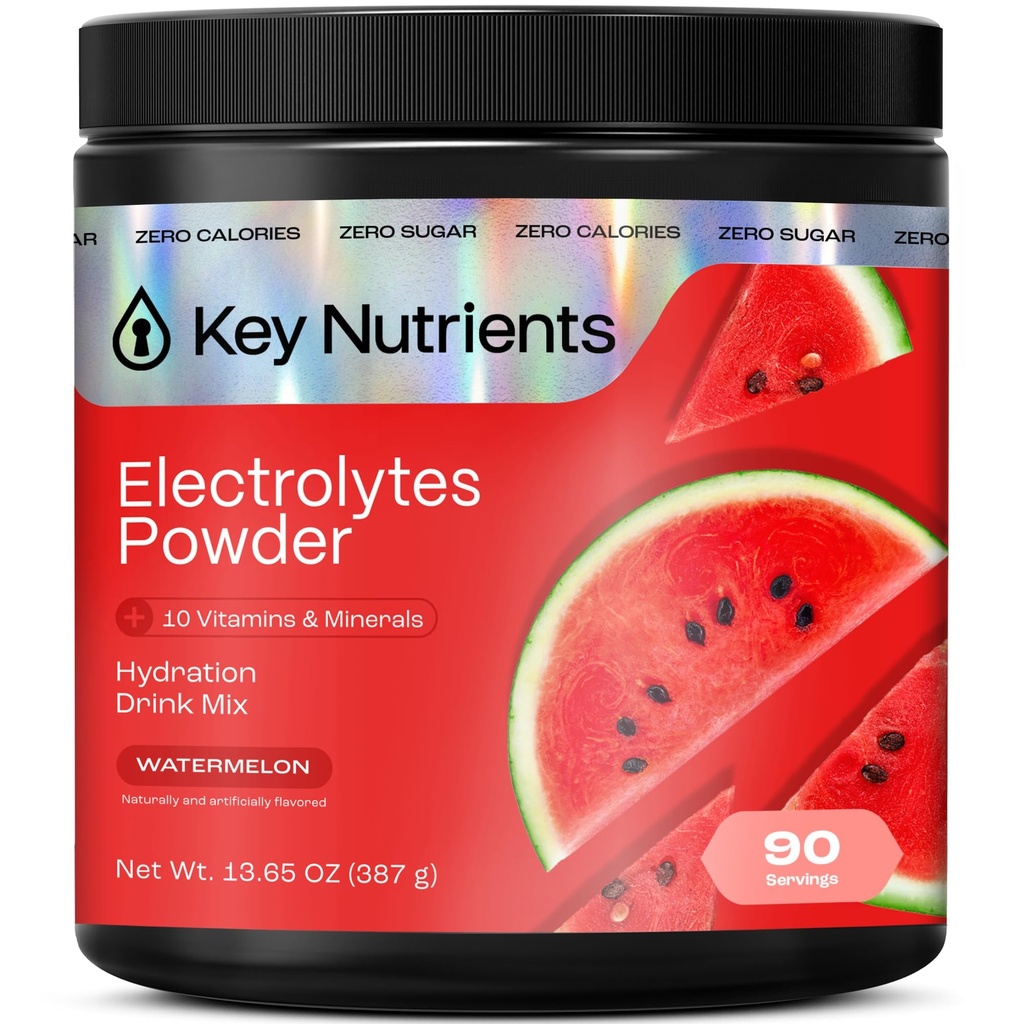 KEY NUTRIËNTEN Multivitamine Elektrolyten Poeder Geen Suiker voor herstel - Verfrissende Watermeloen Electrolyte Poeder - Hydratatiepoeder - Geen Calorieën, Glutenvrije Elektrolyten Poeder - 90 Serven