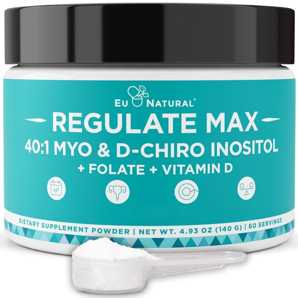 Regulate MAX Myo-Inositol & D-Chiro Inositol Supplement Powder for Women with Vitamin D & Folate PCOS Nutritional Support, Hormone Balance & Fertility Support, Unflavored 60 Servers