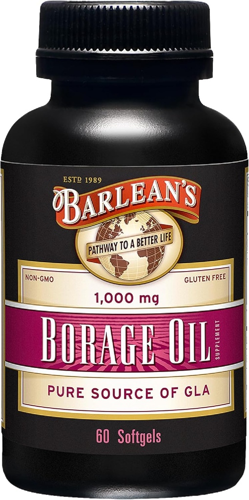 Barlean's Borage Oil Supplements, Cold Pressed Pure Borage Seed Oil Supplement Softgels voor mannen en vrouwen, 1000 mg GLA vetzuren, 60 Tellen