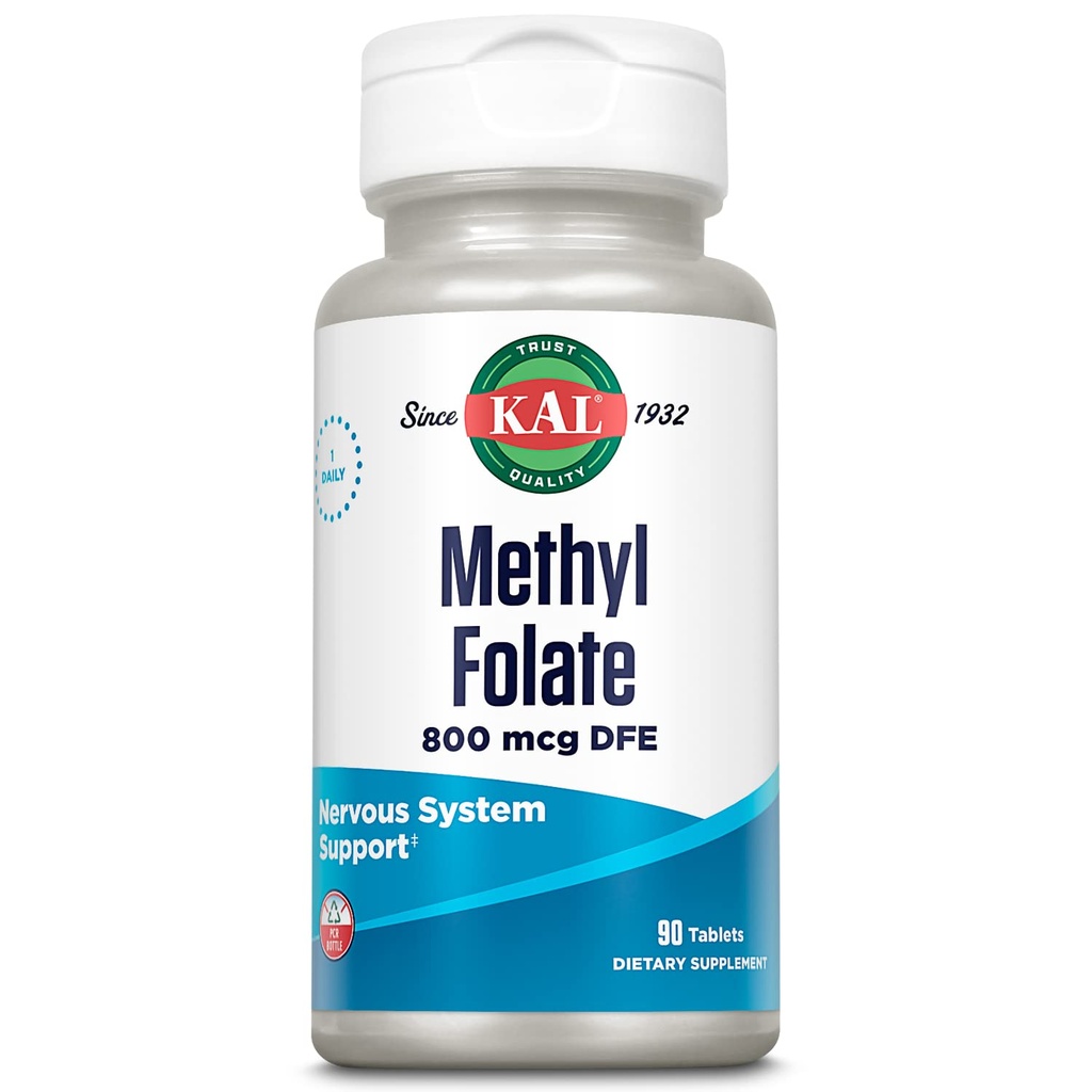 KAL Méthyl Folate 800 mcg DFE, 5-MTHF forme active vitamine B9, supplément d'acide folique, santé cardiaque, soutien prénatal, de l'humeur et du cerveau, rapide dissolution ActivTab, garantie de 60 jours, 90 portions, 90 comprimés