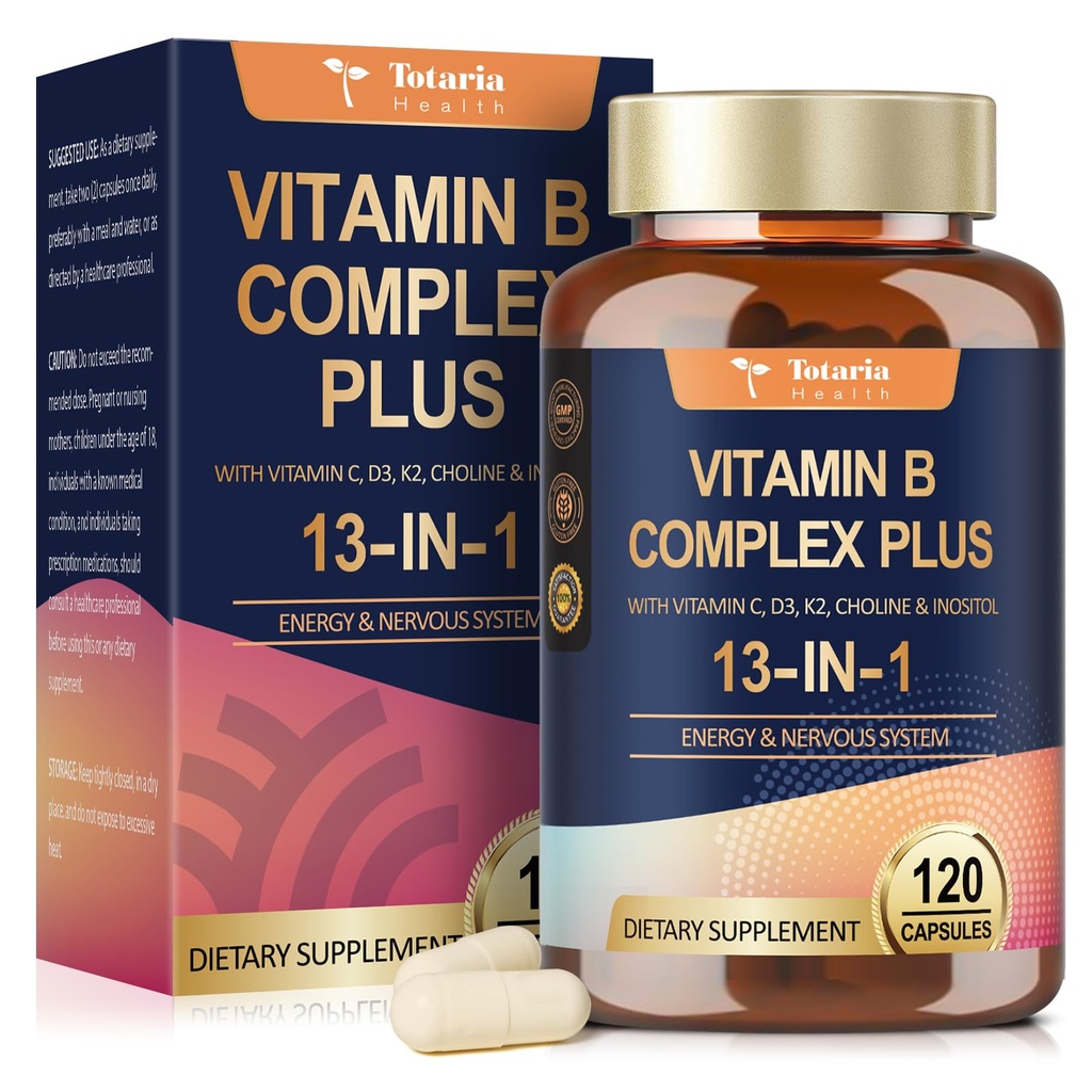 13-in-1 Vitamine B Complex Plus met vitamine B1, B2, B3 (Niacinamide), B4, B5, B6, B7 (Biotine), B8 (Inositol), B9 (Folaat), B12, C, D3, K2 - Energie, Zenuw, Immune, Huidondersteuning - 120 Vegan Capsules