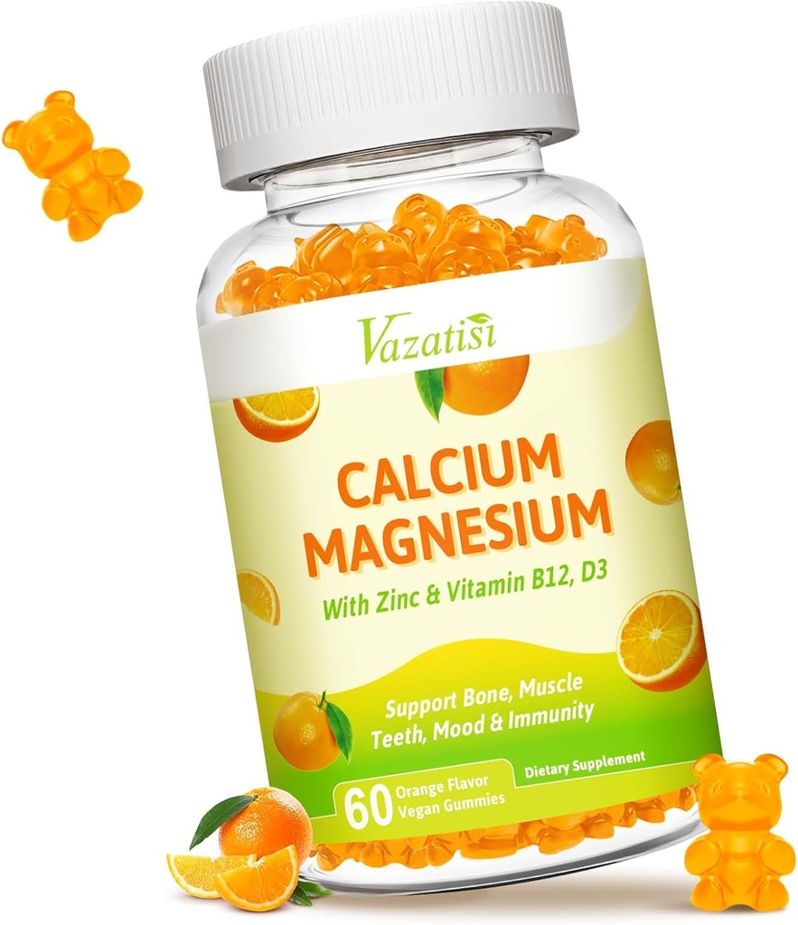 Calcium Magnesium Zink Gummies met Vitamine D3 en K2, Hoge Absorptie Magnesium Glycinate Kalium voor Immune en Kalm Mood, Vegan Orange Flavor 60 Gummies
