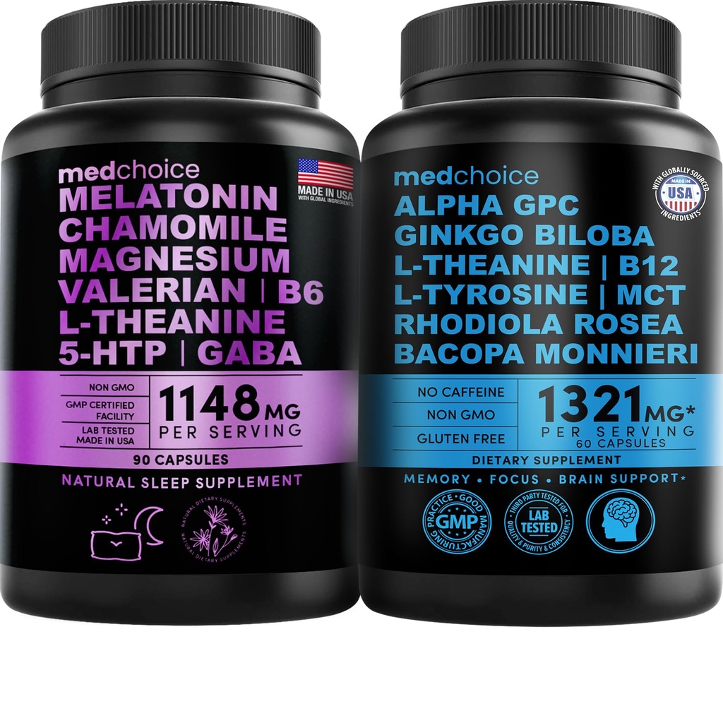MEDCHOICE Sleep Melatonine (90ct) et Cerveau Nootropique (60ct) Supplément Bundle - Wellness Duo pour le sommeil, le cerveau, la concentration et l'humeur - Vegan, non-OGM, sans gluten