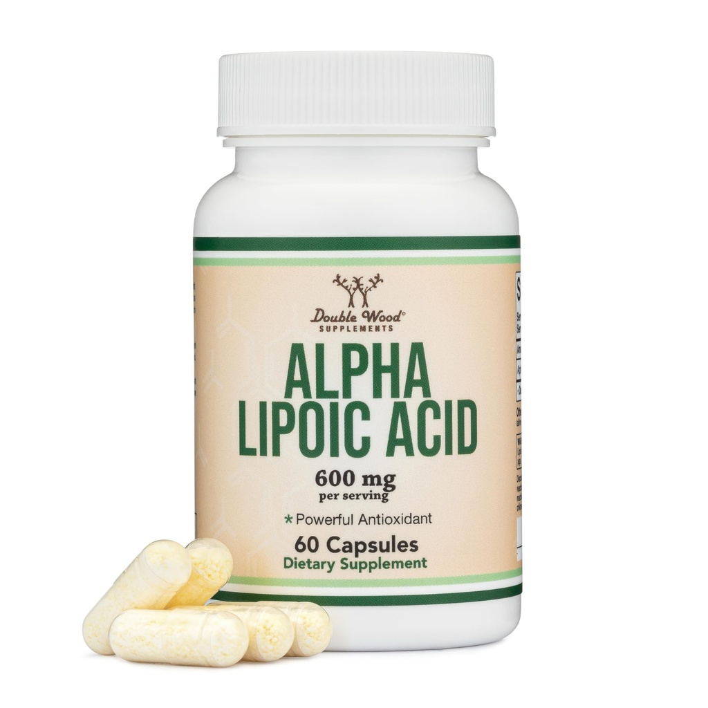 Acide alpha lipoïque 600mg par portion, 60 Capsules (Tiers Testés, Non-OGM, Sans gluten, Sans Vegan) Potent Antioxydant pour la neuropathie et la santé cardiovasculaire (Supplément ALA) par Double Wood