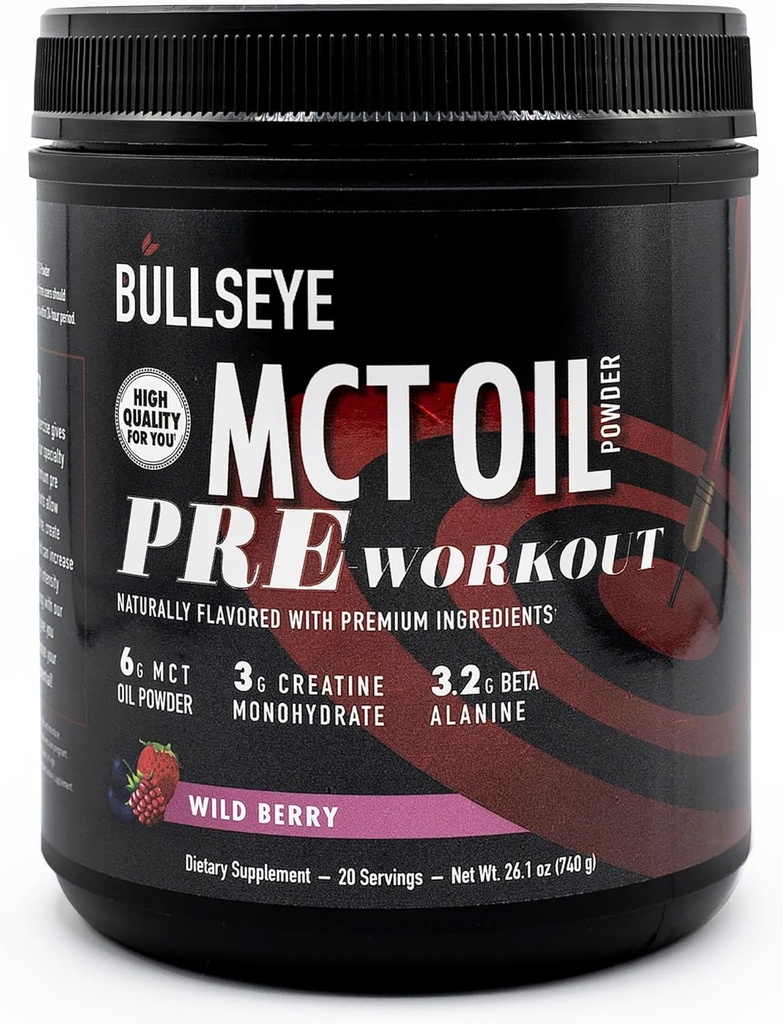 Bullseye MCT Oil Pre Workout Supplement - Creatine Monohydraat, Medium Chain Triglyceriden, Beta Alanine, Cafeïne, L-Citrulline, Spier Gainer, Focus, Endurance, Energie -20 Servers - Wild Berry