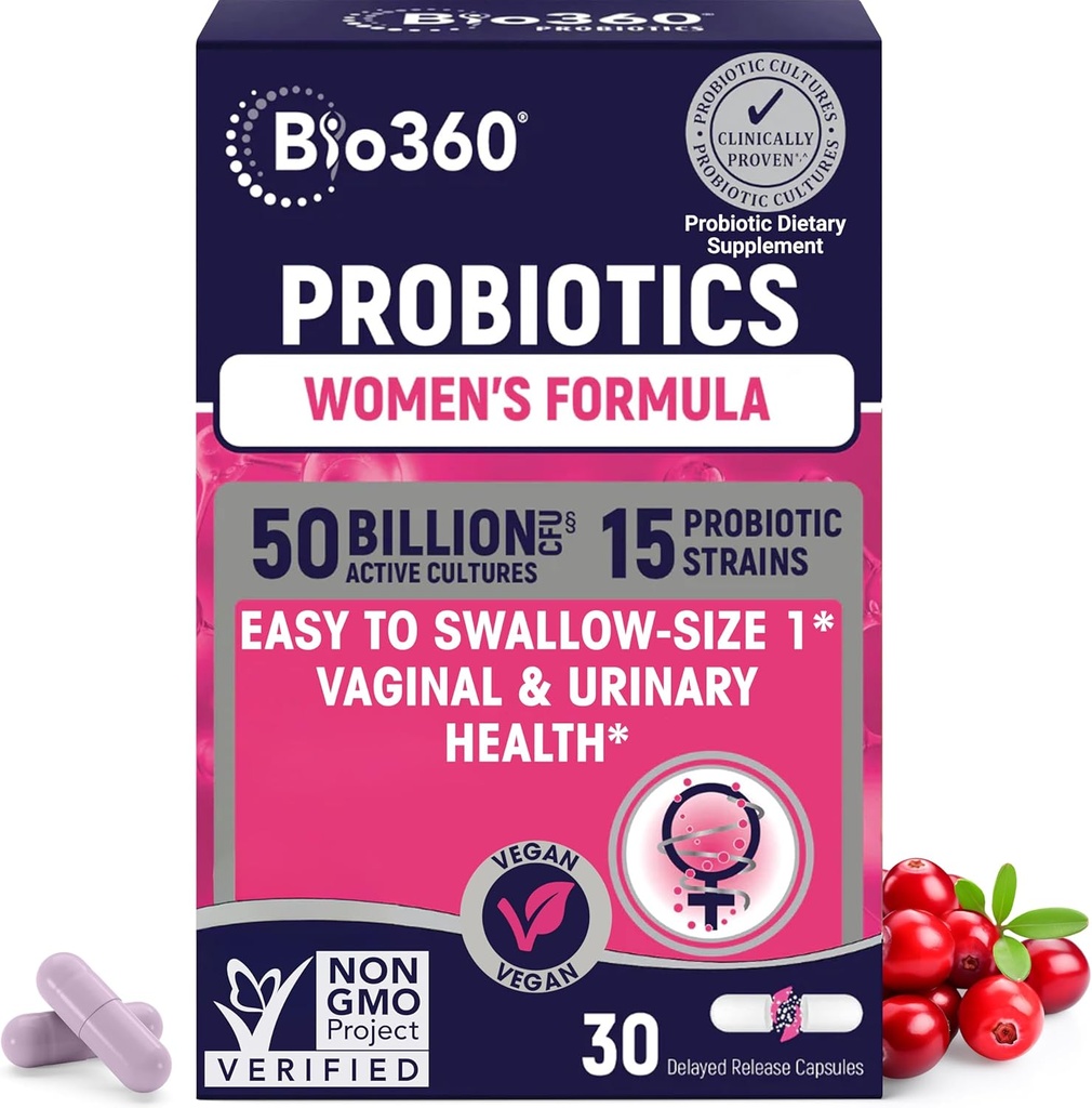Bio360 Probiotiques pour les femmes Vaginigal Health - soutient l'équilibre du pH, la santé vaginale, urinaire et digestive - 50 milliards CFU et 15 souches uniques pour la santé de l'odeur vaginale et la flore vaginale - Étagère stable
