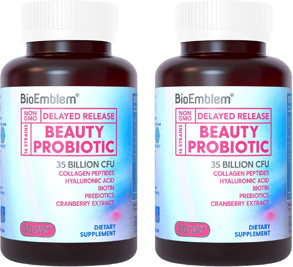 BioEmblem Beauty Probiotica voor vrouwen, 35 miljard CFU 14 Strains met Biotine, Collageen, Prebiotica voor de spijsvertering gezondheid, haar huid en nagels, Vaginale Probiotica Supplement, Plank Stabiel, 60 Caps