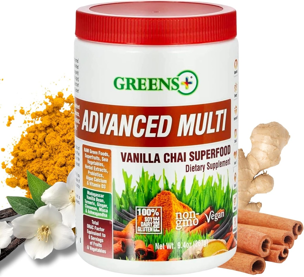 Groenen+ Geavanceerde Multi Vanilla Chai Superfood Powder, Biologische Gezonde Blend voor Morning Vitality, Voeding, Vibrant Health, Dieetsupplement, Vitaminen Mineralen, Vegan, Soy/Dairy/Gluten Free(9.4oz)