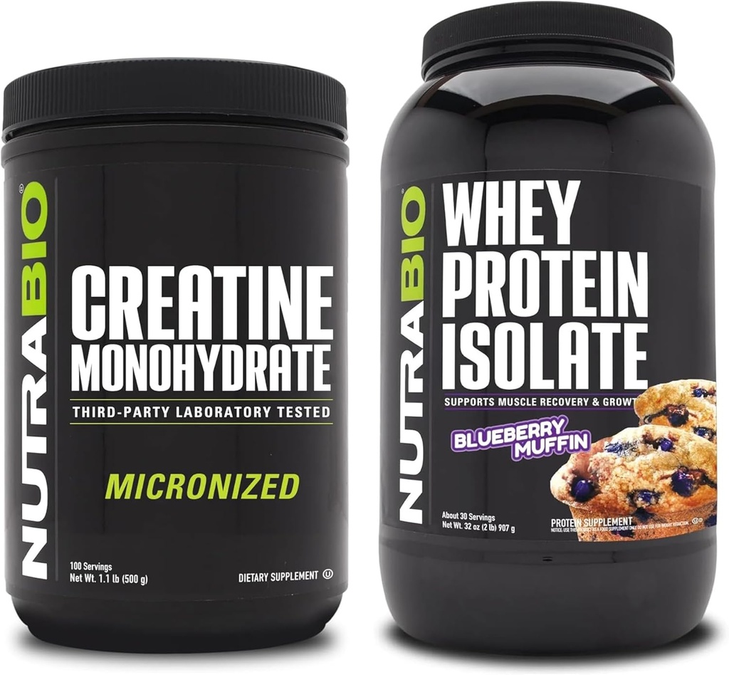 NutraBio Creatine Monohydraat, Unflavored, 500g en Wei Proteïne Isolaat, Blueberry Muffin, Supplement Bundle - Spierenergie, Lean Spiergroei, Herstel, en kracht