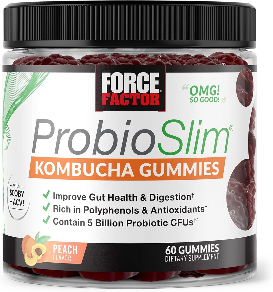 Force Factor ProbioSlim Kombucha Gummies voor de spijsvertering gezondheid, Probiotica voor vrouwen en probiotica voor mannen Gemaakt met 5 miljard CFUs, Kombucha SCOBY Probiotic Gummies, Peach, 60 Gummies