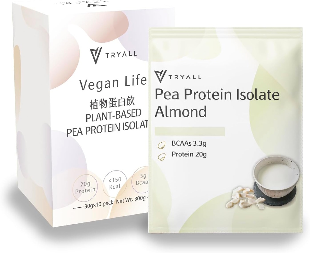 TRYALL Plant Based Pea Protein Powder Isolaat (20 g eiwit) Travel Sachets (Amandelmelk, 10 verpakkingen)