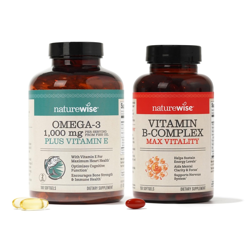 NatureWise 1000mg Omega 3 600mg EPA 400mg DHA met vitamine E 180ct & vitamine B Complex for Women and Men 150 Softgels[5-maand supply]