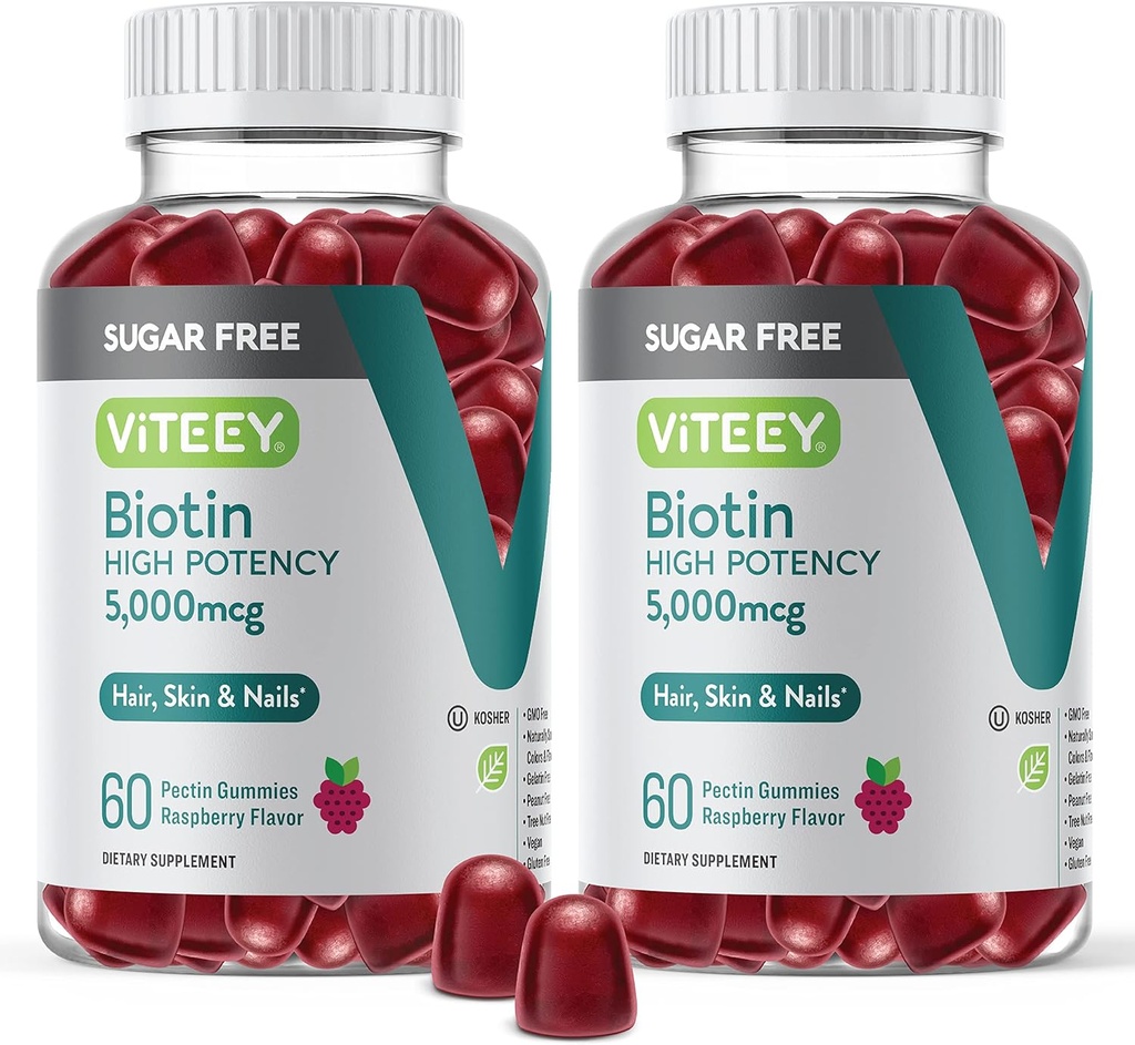VITEEY Biotine Gummies voor haar, huid, en nagels 5000mcg - Suikervrij - Haargroei Gummies, gezonde huid Glow, Sterk gezonde Nagelgroei - Veganistisch, Glutenvrij, Gelatine Vrij- Kauwbare Raspberry Flavor