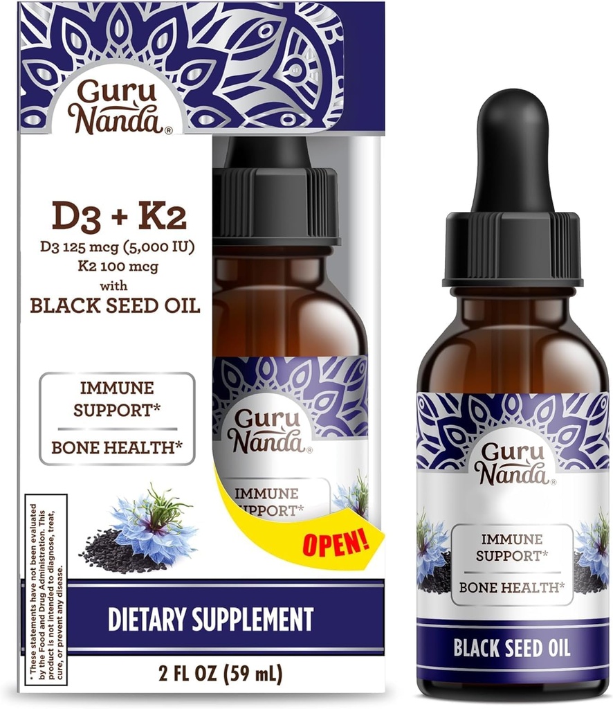 GuruNanda Wellness Bundle: Liquid Ashwagandha avec Bacopa (1 Fl Oz) pour Focus & Relaxation Support & Black Seed Oil (2 Fl Oz) avec Vitamine D3, K2 & E pour Immune Boosting - Vegan & Non-GMO