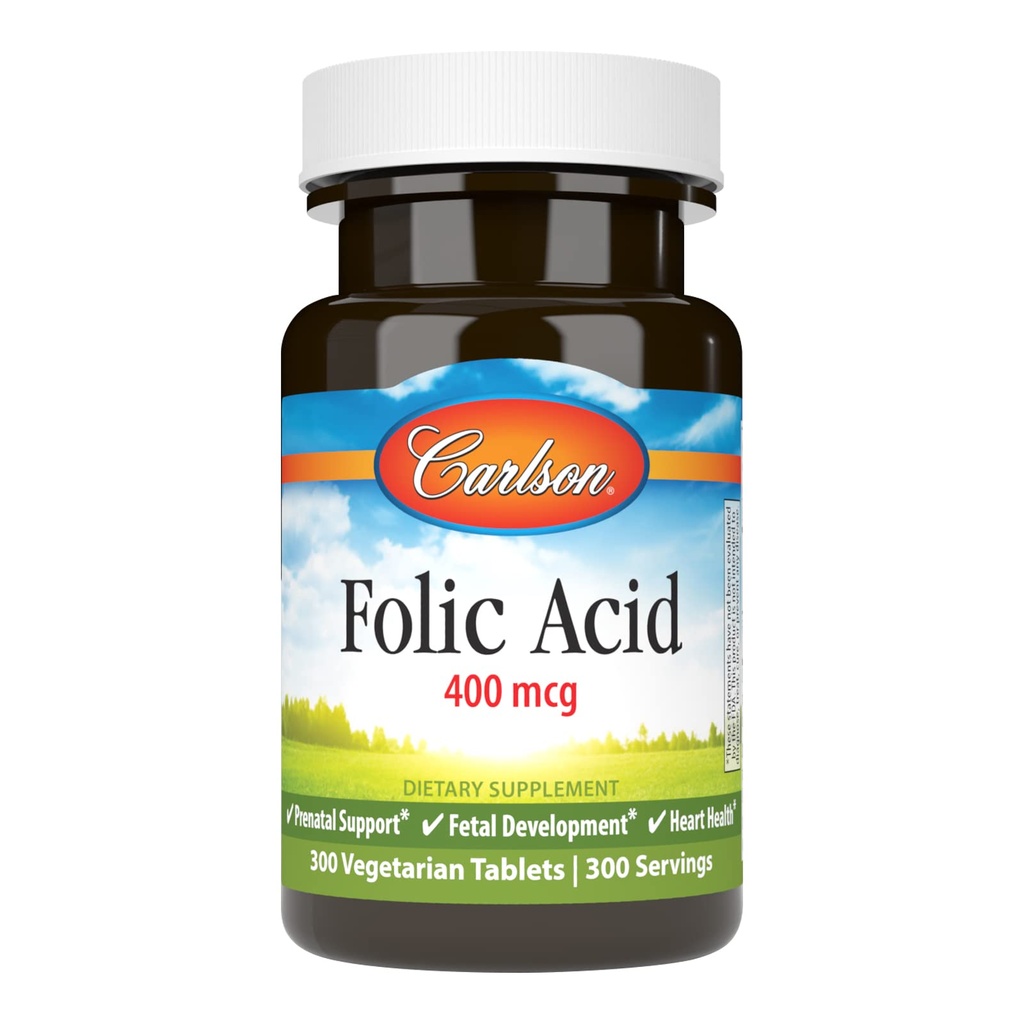 Carlson - Foliumzuur, 400 mcg, Biedt belangrijke prenatale ondersteuning, foetale ontwikkeling, 300 tabletten