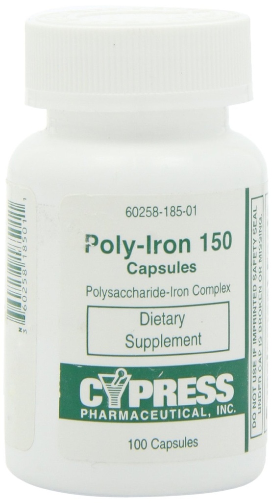 Dieetsupplement - Poly Iron Capsules 150 mg (100 capsules per fles) van Cypress Pharmaceutical #185-01 (2 flessen van 100 capsules)